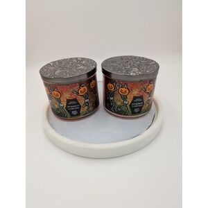 Bath & Body Works Pumpkin Carving‎ 3 Wick Candle Set of 2 Halloween Skull Lids